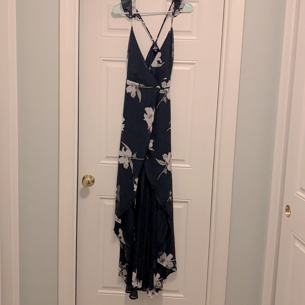 Lulus All Mine Navy Blue Floral Print High-Low Wrap Dress